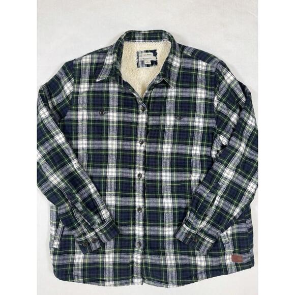 L.L. Bean Sherpa Lined Flannel Shirt Jacket Relaxed Fit Green Plaid Men’s L - Picture 1 of 8